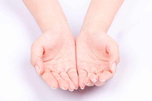 finger hand symbols isolated concept  join two cupped hands and open hands hopefully on white background - Photo, Image