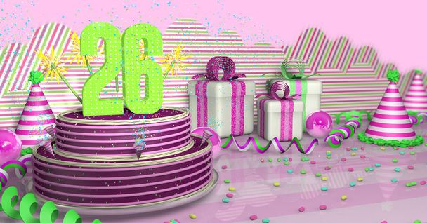 Paars ronde 26 verjaardagstaart versierd met kleurrijke vonken en roze lijnen op een heldere tafel met groene slingers, party hoeden en geschenkdozen met roze linten en snoepjes op de tafel, op een roze achtergrond. 3D Illustratie - Foto, afbeelding