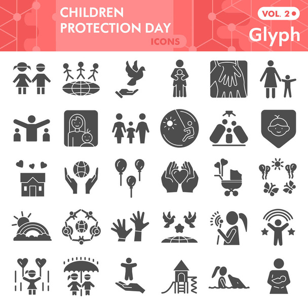 Children protection day solid icon set, Child safety symbols set collection vector sketches. Kids care signs set for computer web, glyph pictogram style package isolated on white background, eps 10. - Vector, afbeelding