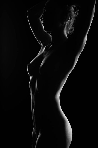 Art nude, perfect naked body, sexy young woman on dark background, black and white photography, studio shot - Valokuva, kuva