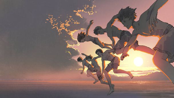 die Gruppe junger Männer, die bei Sonnenuntergang zusammen ins Meer rennen und springen, digitale Kunst, Illustrationsmalerei - Foto, Bild