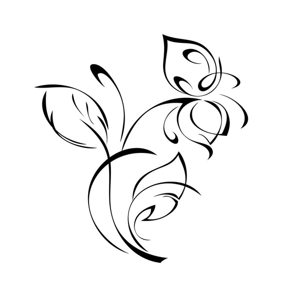 one unique stylized flower on a stalk with two leaves in black lines on a white background - Вектор,изображение
