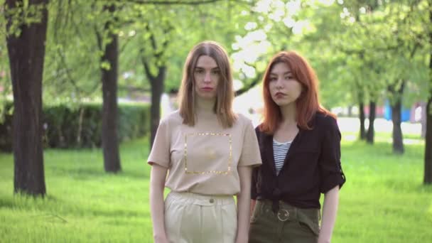 Dos chicas en el parque. Spring Park. Dos chicas están de pie en un callejón verde entre los árboles y mira a la cámara
. - Imágenes, Vídeo