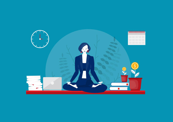 Concepto de yoga empresarial. mujer de negocios meditando en el vector de mesa
. - Vector, Imagen