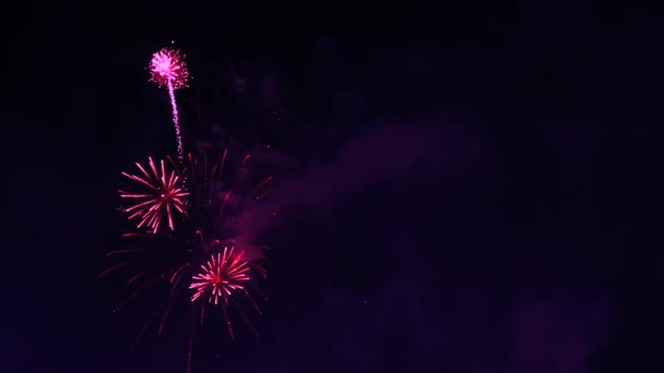 Ρεάλ πολύχρωμα πυροτεχνήματα οθόνη στο σκοτεινό ουρανό, εθνική γιορτή του νέου έτους - Πλάνα, βίντεο