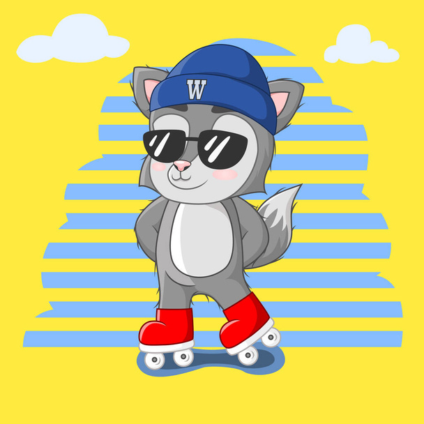 Vector illustration of Cute little wolf with roller skates - Vector, Image