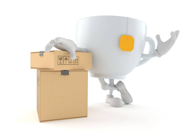 Teetasse Charakter mit Stapel von Schachteln isoliert auf weißem Hintergrund. 3D-Illustration - Foto, Bild