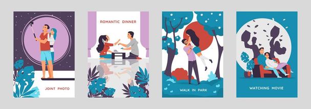 Romantic couples posters. Cartoon characters walking and enjoying time together, postcards with love scenes. Vector happy boy and girl on date - Vector, Image