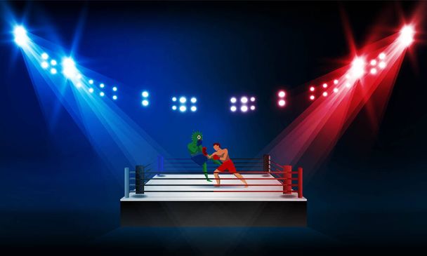 Boxer knocking out corona man at Boxing ring arena and spotlight floodlights vector design. Deadly type of virus 2019-nCoV - Vector, Image