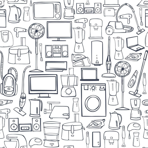 Hand drawn household appliances for home. Seamless vector pattern  - Vector, Image