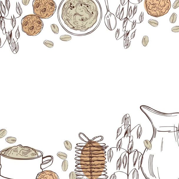 Vector background with oatmeal porridge and cookies. Hand drawn sketch illustration - Vector, Image