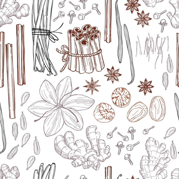 Spices for dessert and baking. Vector seamless pattern. Hand drawn sketch illustration - Vector, Image