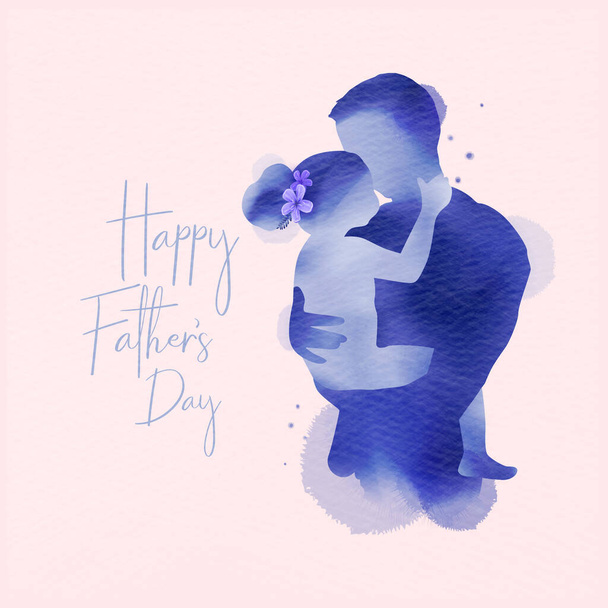 幸せな父親の日。幸せな家庭の娘のお父さんのシルエットと抽象的な水彩画を抱きしめる。二重露光図。デジタルアート絵画。ベクターイラスト. - ベクター画像