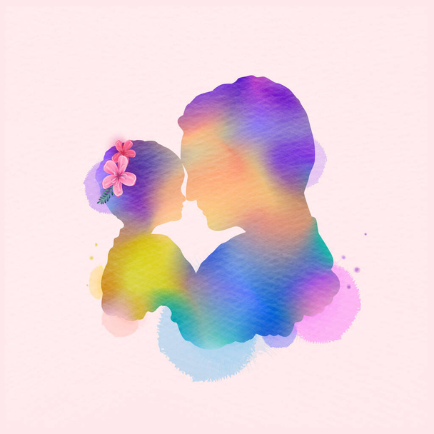 Happy father's day. Side view of Happy family daughter hugging dad silhouette plus abstract watercolor painted.Double exposure illustration. Digital art painting. Vector illustration. - Vector, Image