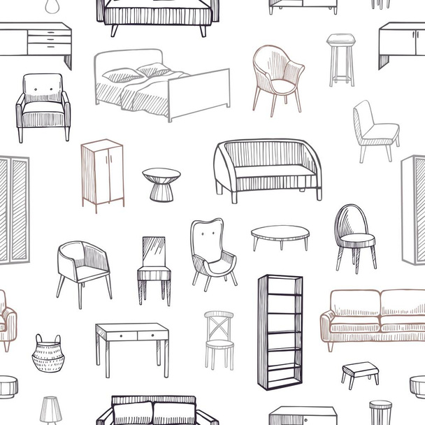 Muebles, lámparas y plantas para el hogar. Patrón sin costura vectorial - Vector, Imagen