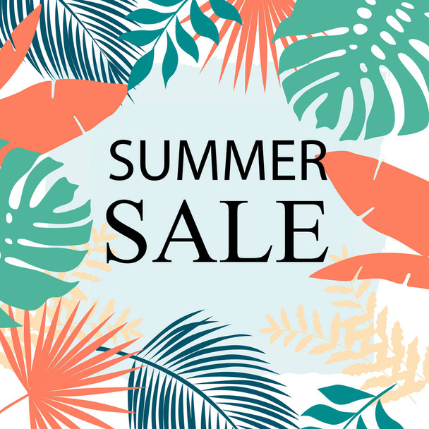 Banner template summer sale with silhouettes tropical leaves. Vector illustration - Vektör, Görsel