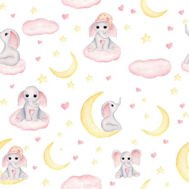 Watercolor baby girl elephant seamless pattern with hearts, stars, half-moon and clouds. Hand painted clipart. Baby nursery digital paper wall art. - Photo, Image