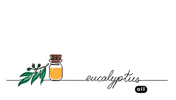 Eukalyptus-Aromaöl in der Glasflasche. Gummibaum-Blatt, Brunch. Vektor einer kontinuierlichen Linienzeichnung Hintergrund von Eukalyptus - Vektor, Bild