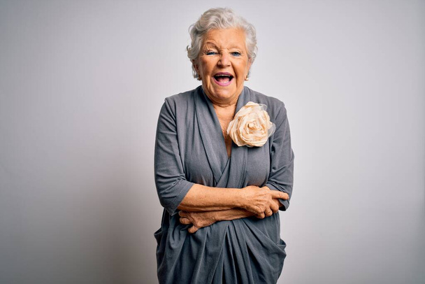 Senior beautiful grey-haired woman wearing casual dress standing over white background smiling and laughing hard out loud because funny crazy joke with hands on body. - Valokuva, kuva