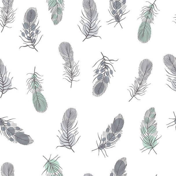 Vector  seamless pattern with  hand drawn feathers on white background. - Vector, Image