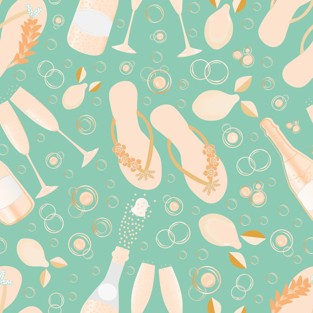 Champagne bubbles and flip flop shoe vector seamless pattern background. Hand drawn bottles sparkling wine, sandals, lemons coral teal backdrop. All over print for beach hen party, celebration concept - Vector, Image