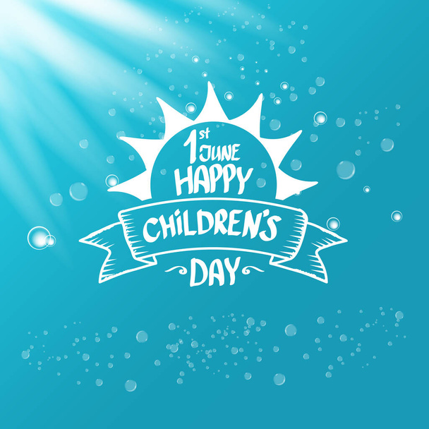 1 june international childrens day icon or label isolated on azure blue sky background with lights and bubbles. happy Children day greeting card. kids day poster. Children day shiny banner - Vetor, Imagem