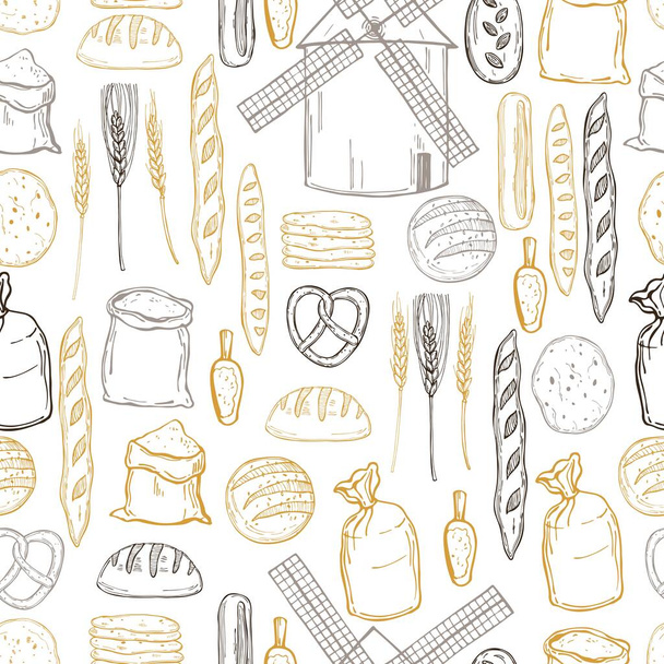 Käsin piirretty tuulimylly, vehnäjauho ja leipä. Vektorisaumaton kuvio
   - Vektori, kuva
