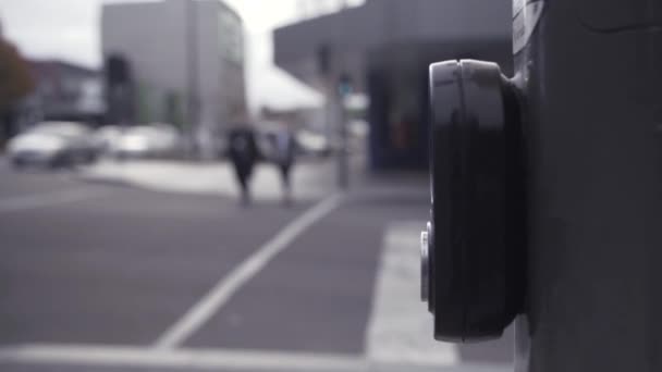 man voetganger drukt vinger op verkeerssignaal schakelaar knop op cross walk close-up - Video
