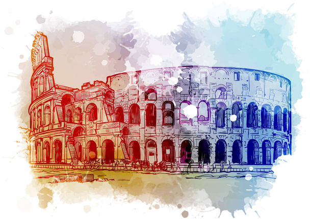 イタリア・ローマのコロシアム。ヴィンテージデザイン。水彩の質感の背景に線画 - ベクター画像