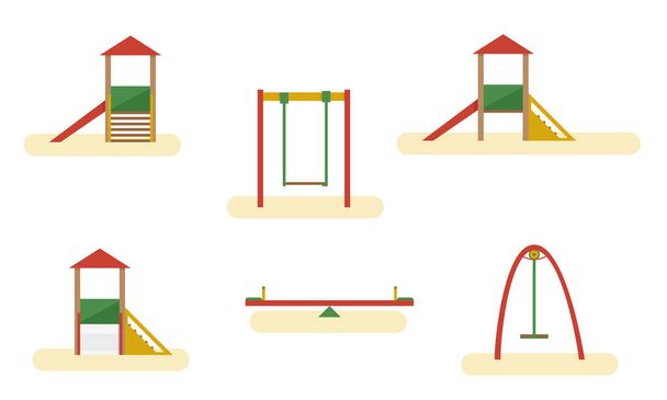 Elementi parco giochi per bambini con scivolo e altalena. Apparecchiature piatte vettoriali per bambini giochi all'aperto isolati su sfondo bianco
 - Vettoriali, immagini