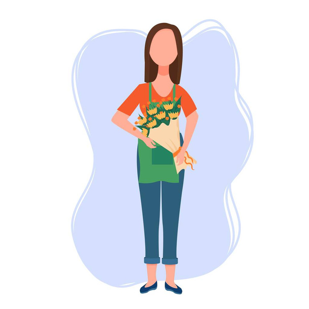 Приваблива жінка стоїть і тримає букет квітів в руках. Флорист, концепція служби квіткового магазину Векторні ілюстрації ізольовані на білому тлі
. - Вектор, зображення