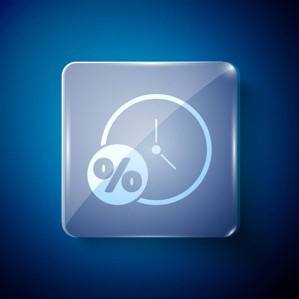 白い時計と青の背景に隔離されたパーセントのアイコン。正方形のガラスパネル。ベクターイラスト - ベクター画像