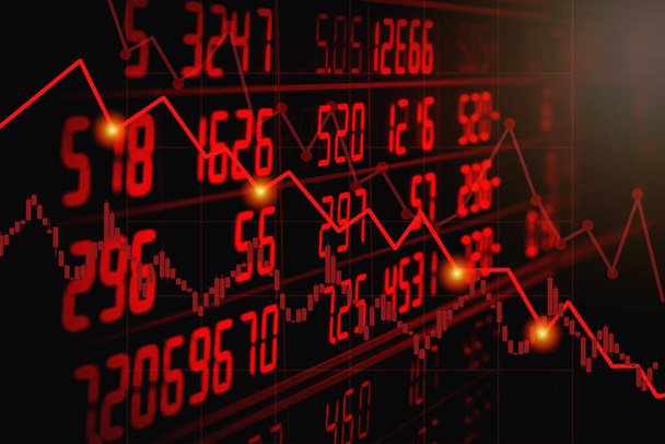 Exibição de placa eletrônica vermelha de cotações do mercado de ações com gráfico de tendência para baixo. Conceito de recessão
 - Foto, Imagem