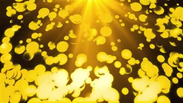 Zlatý déšť kulatých částic s paprsky světla, 3D vykreslování. Počítač generované krásné pozadí - Záběry, video