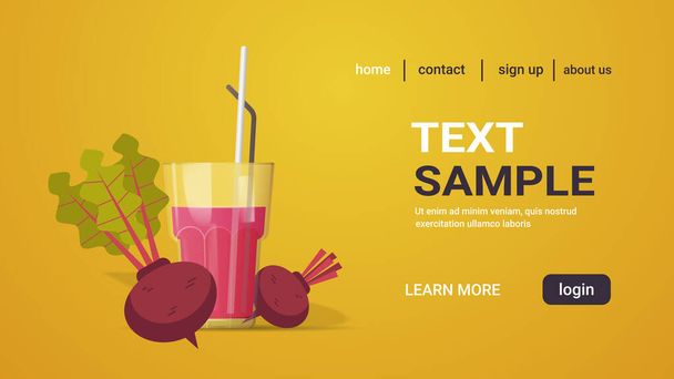 glass of fresh beet juice with straw and whole vegetables copy space horizontal - Vector, Image