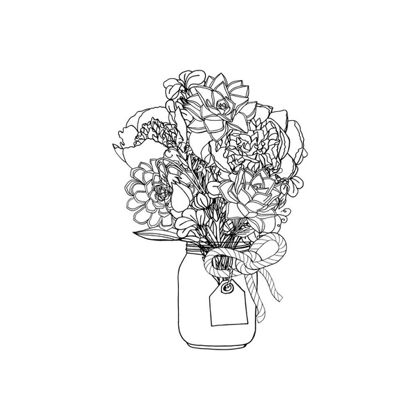 手は、さまざまな花、多肉植物、牡丹、株の花、甘いエンドウ豆のドアスタイルの花束を描いた。白地に隔離されてる。ストックベクトルイラスト - ベクター画像