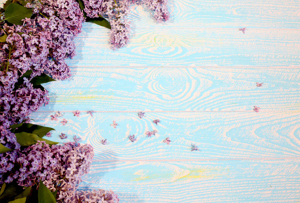 Banner with beautiful Lilac branches on a wooden white blue background with the texture of the board, wallpaper on the wall, through wash old.Top view.Spring and flower concept. Copyspace on the right
 - Фото, изображение
