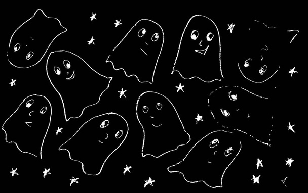Sobre un fondo negro hay fantasmas blancos divertidos y estrellas
 - Foto, Imagen