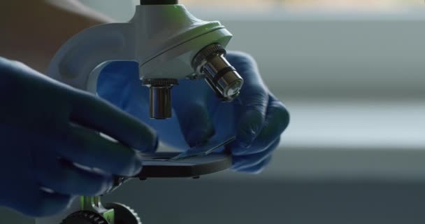Close-up shooting. A lab worker is inserting microscope slide and moving the lens. Experiments in the laboratory. Search for a vaccine. 4K - Filmmaterial, Video