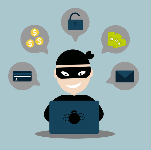 Ένας χάκερ κλέβει χρήματα, εμπιστευτικά δεδομένα, προσωπικές πληροφορίες, και μια πιστωτική κάρτα από έναν φορητό υπολογιστή. Έννοια phishing στο Διαδίκτυο. - Διάνυσμα, εικόνα