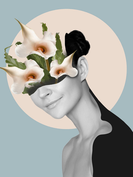 Portrait of beautiful young woman with modern floral design, inspiration artwork. Fashion, beauty concept. - Fotó, kép