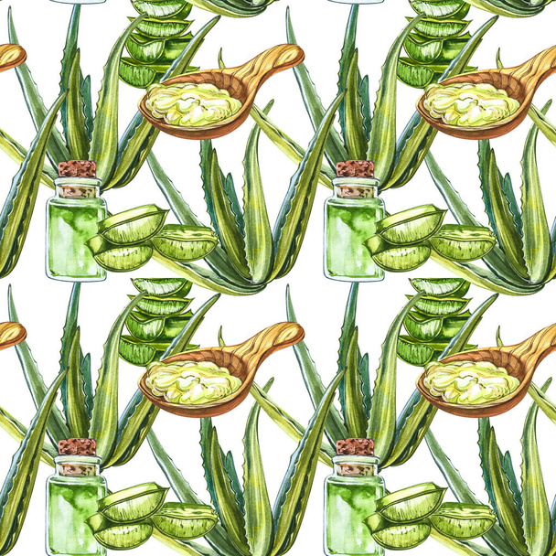 Green fresh aloe vera leaf with aloe gel in wooden spoon. Watercolor agave, aloe vera,succulent, green plant. Botanical watercolor illustration of Aloe Vera. Seamless patterns. - Fotografie, Obrázek