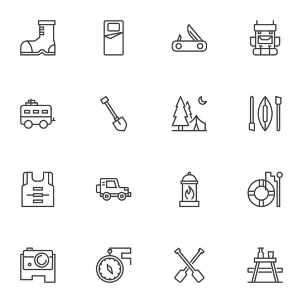 Hiking and camping line icons set - Vector, imagen