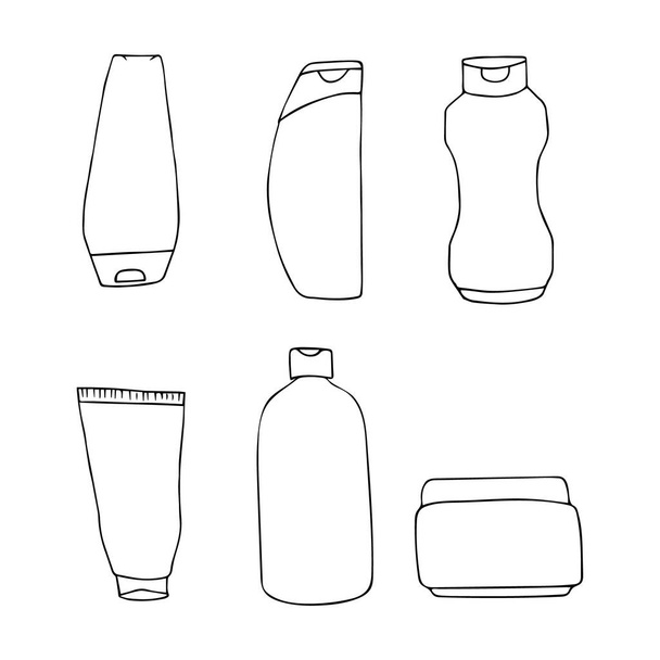 Diferentes garrafas de cosméticos e embalagens. Pacote de produtos de beleza. Ilustração vetorial desenhada à mão
. - Vetor, Imagem