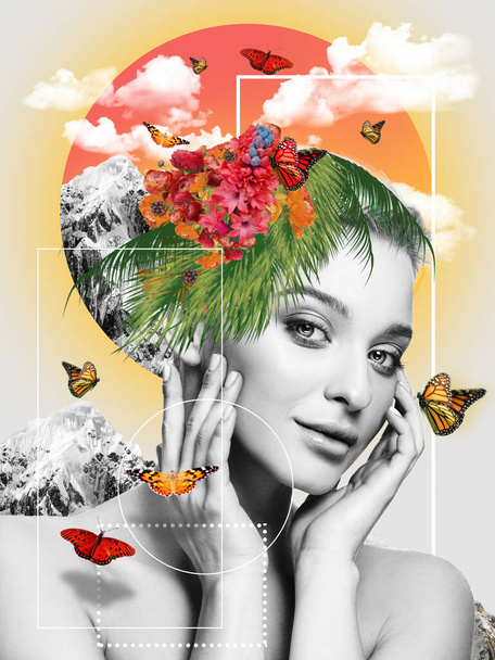 Portrait of beautiful young woman with modern floral design, inspiration artwork. Fashion, beauty concept. - Fotografie, Obrázek