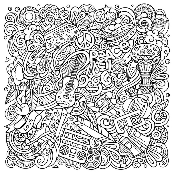 Hippie ručně kreslené rastrové čmáranice ilustrace. Návrh plakátu hippy. - Fotografie, Obrázek