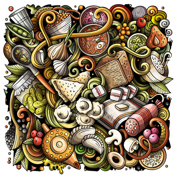 Venäläinen ruoka käsin piirretty rasteri doodles kuvitus. Venäjä keittiö juliste - Valokuva, kuva