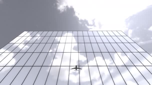 Airplane flying over skyscrapers and reflects in glass of modern facades. - Footage, Video