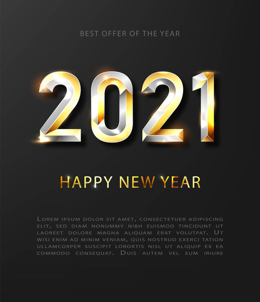Happy New Year 2020 gold and silver winter holiday greeting card design template. Party poster, banner or invitation gold glittering stars confetti glitter decoration. - Vector, Image