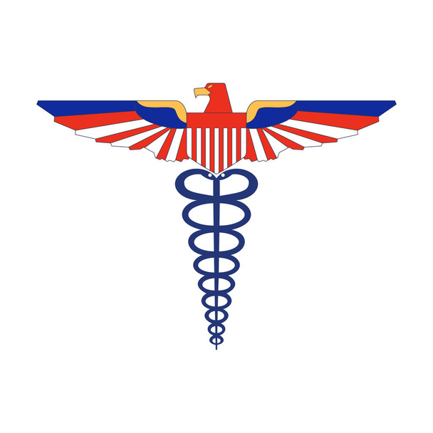 Caduceus médica cobra e águia estilizado nas cores da bandeira dos EUA, isolado em fundo branco
 - Vetor, Imagem